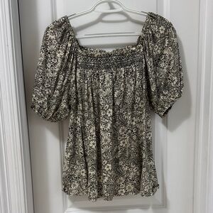 Wonderly Cream and Black Floral Smocked Off-Shoulder Top